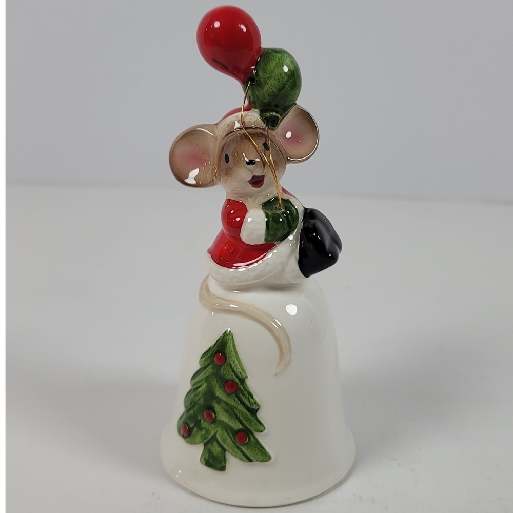 Vintage Christmas Mouse Ceramic Bell Santa Suit Balloons Made in Japan 4.75"